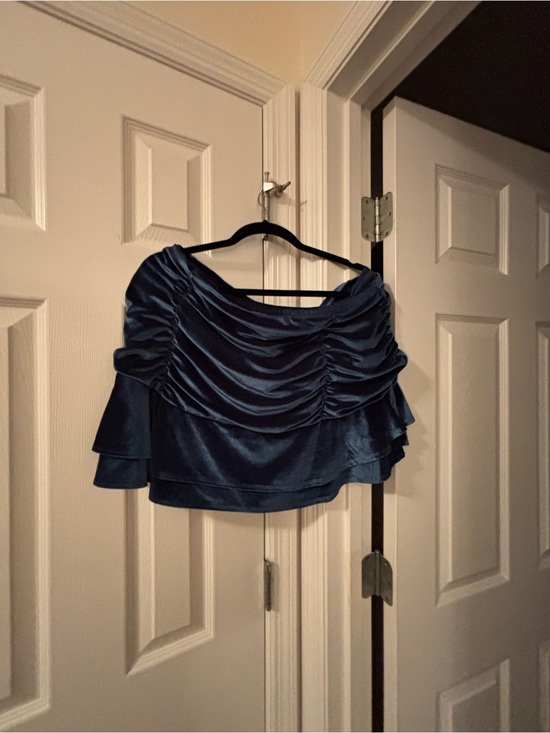 wild fable Dresses & Skirts - wild fable Navy Satin Ruched Off-Shoulder Ruffle Blouse